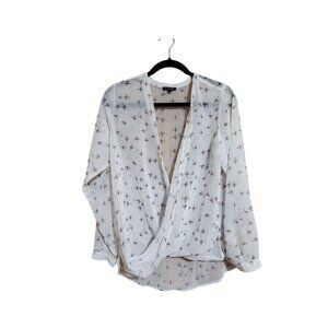 Sheer White Cross-Print Long Sleeve Wrap Blouse Size S By Storm
